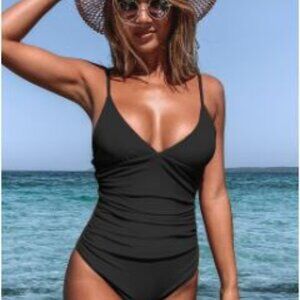 Black Shirring V Neck One Piece Swimsuit